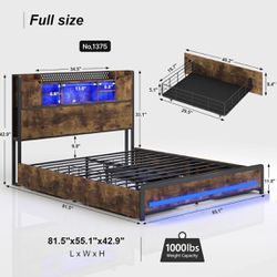 Full Size with Storage Headboard & 4 Storage Drawers, Full Bed Frame with Outlets and USB Ports, Metal Platform Bed Full with LED Lights