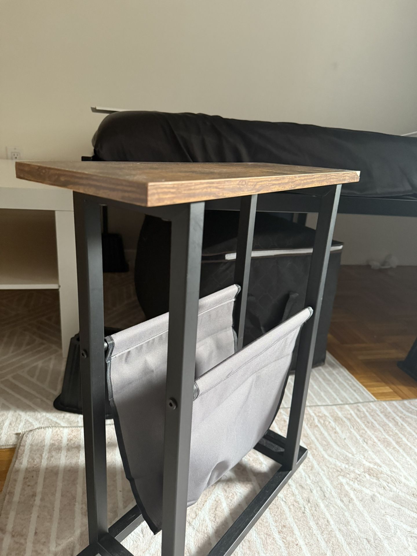 Narrow Side Table with Faux Leather Magazine Holder – Excellent Condition – $25 – Brookline Pickup