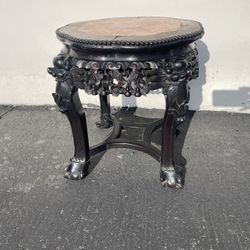 Antique Chinese Foliate Carved Rosewood Rouge Marble Top Stand, 1900