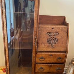 Victorian Oak Side-by-side Secretary/curio Cabinet With Curved Glass Door