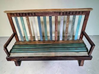 Rustic Multicolor Wood Slat Bench with Arms