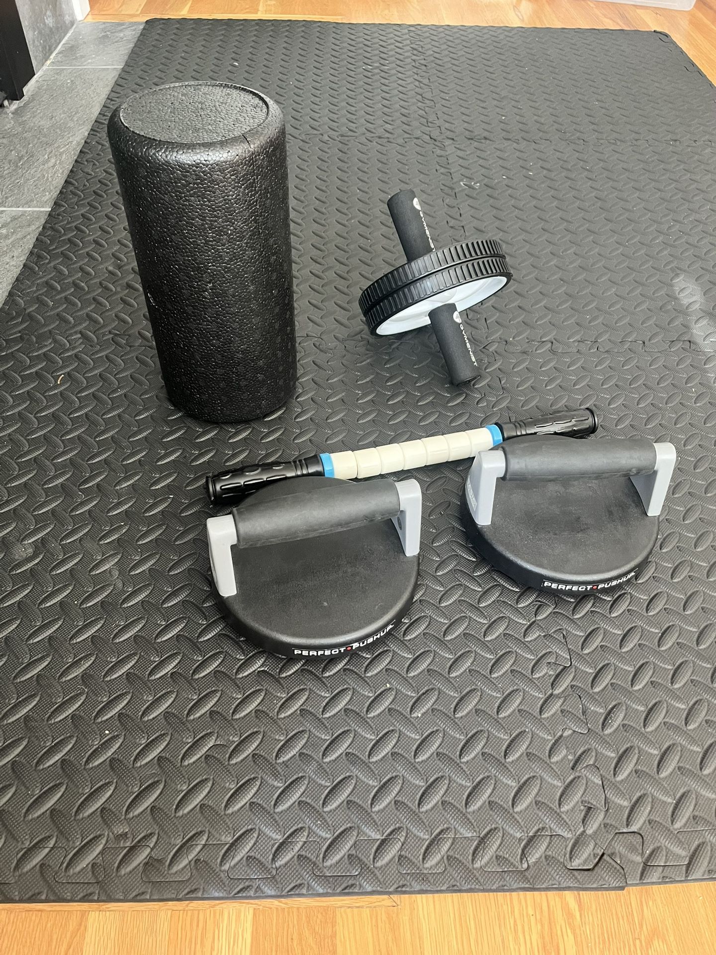 Exercise Equipment + Mat (foam Roller, Push Up Handles)
