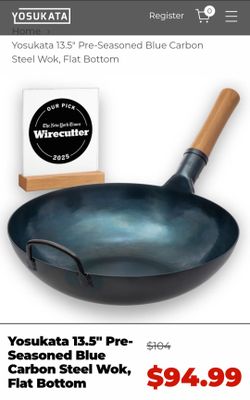 Yosukata 13.5" Pre-Seasoned Blue Carbon Steel Wok, Flat Bottom