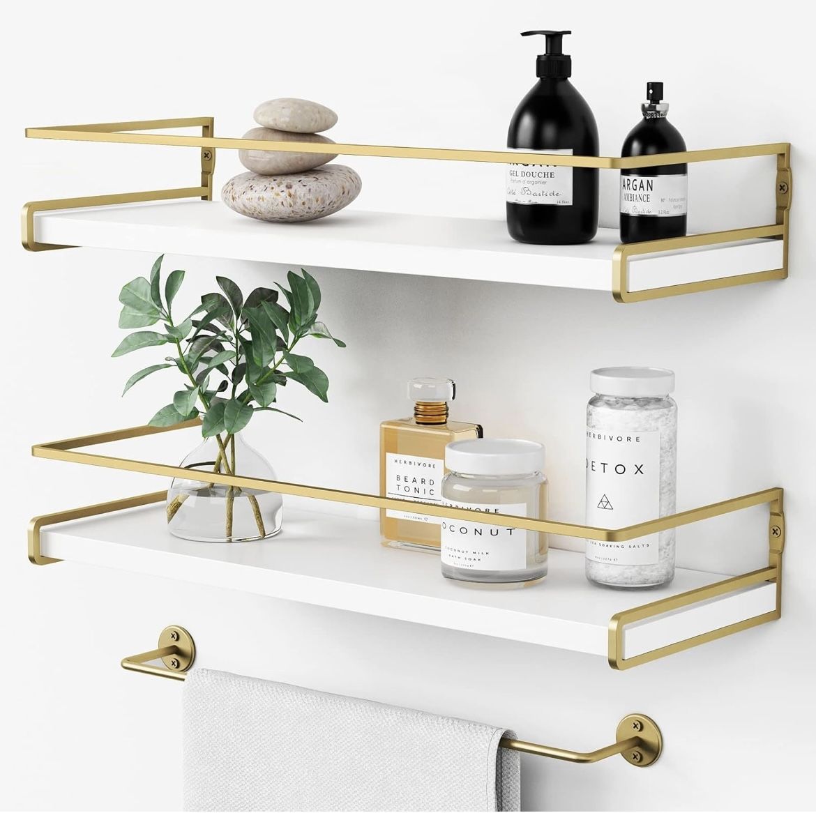 Forbena Floating Bathroom Shelves Wall Mounted, Aesthetic White and Gold Shelves for Bathroom Accessories, Modern Bathroom Organ🆕👍Reg. Retail $28.99