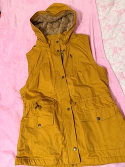 Mustard Yellow Hooded Vest with Faux Fur Lining