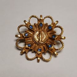 The Blessed Mother Blue Rhinestones Medal Pin Brooch
