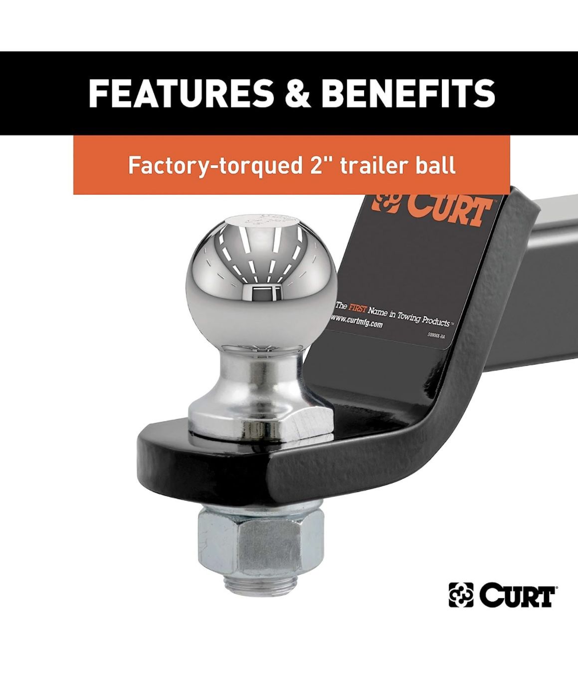 CURT 45036 Trailer Hitch Mount with 2-Inch Ball & Pin, Fits 2-in Receiver, 7,500 lbs, 2" Drop, GLOSS BLACK POWDER COAT