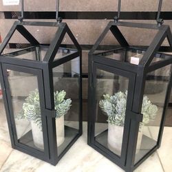 Home Decor Tabletop 10” Tall Black Metal Frame Glass Lanterns With Plants - Set Of 2