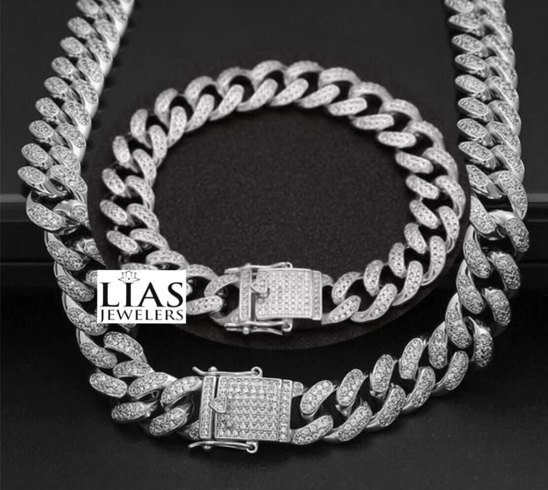 New 18k White Gold Cuban Link Chain and Bracelet