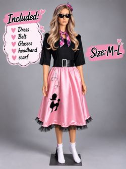Halloween Costume Women’s 50s Pink Poodle Skirt Dress Set Belt Glasses Scarf M-L Retro