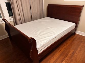Queen size wood cherry sleigh bed frame with mattress