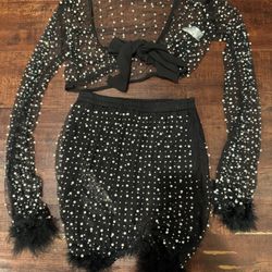 Hot & Delicious Pearl Rhinestone Feather Sheer 2 Piece Outfit Top & Skirt Black