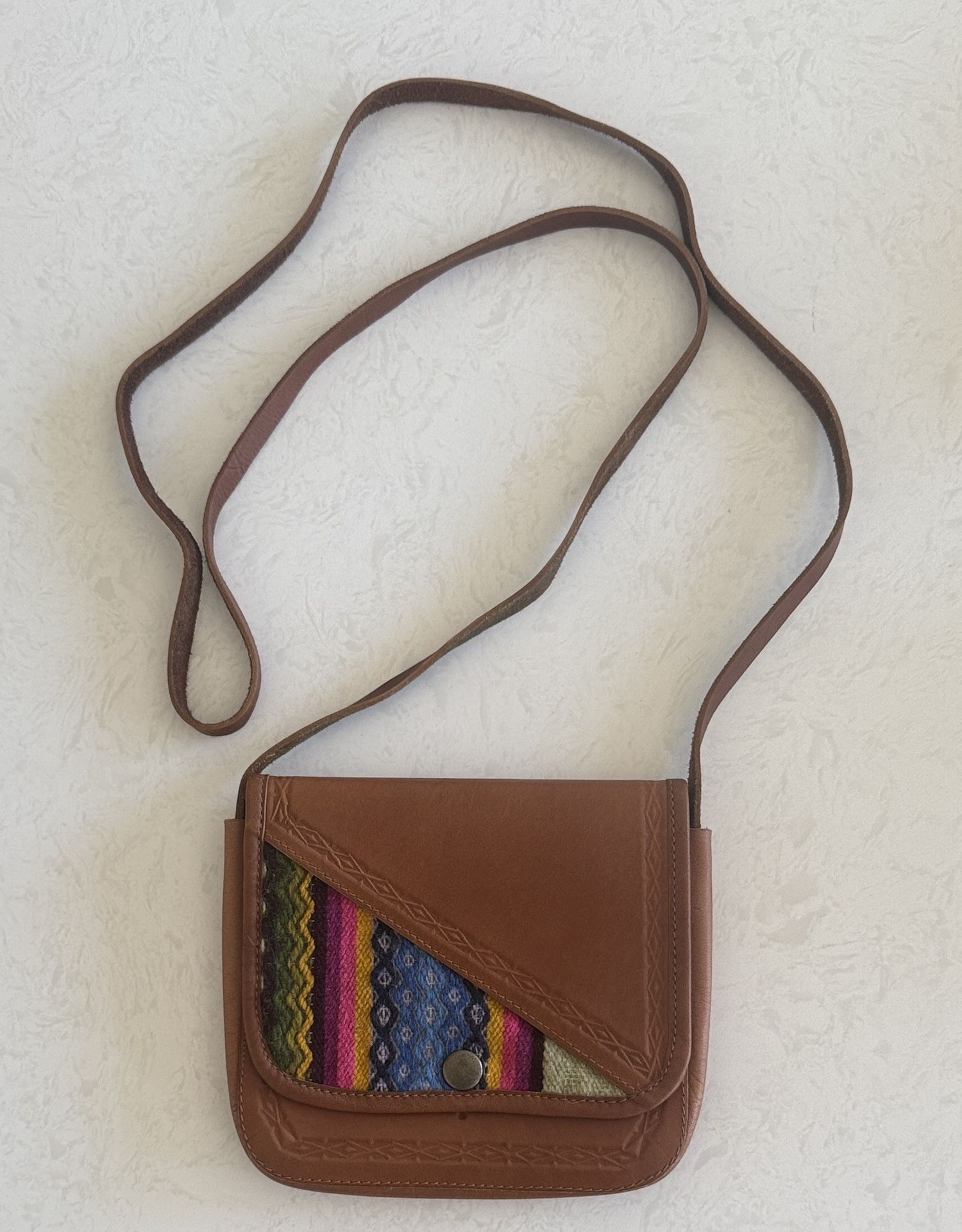 Real leather tan purse with colorful woven detail