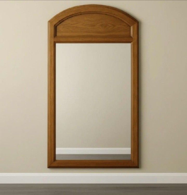 VINTAGE SOLID OAK MIRROR, 49”X28”,  BEAUTIFUL ARCHED FRAME WITH WARM OAK TONES.