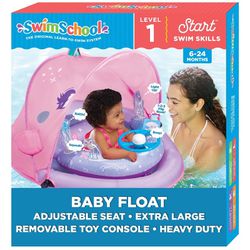 SwimSchool Baby Pool Float with Adjustable Canopy - 6-24 Months - Includes 5-Toy Interactive Play Console Safety Seat - Pink