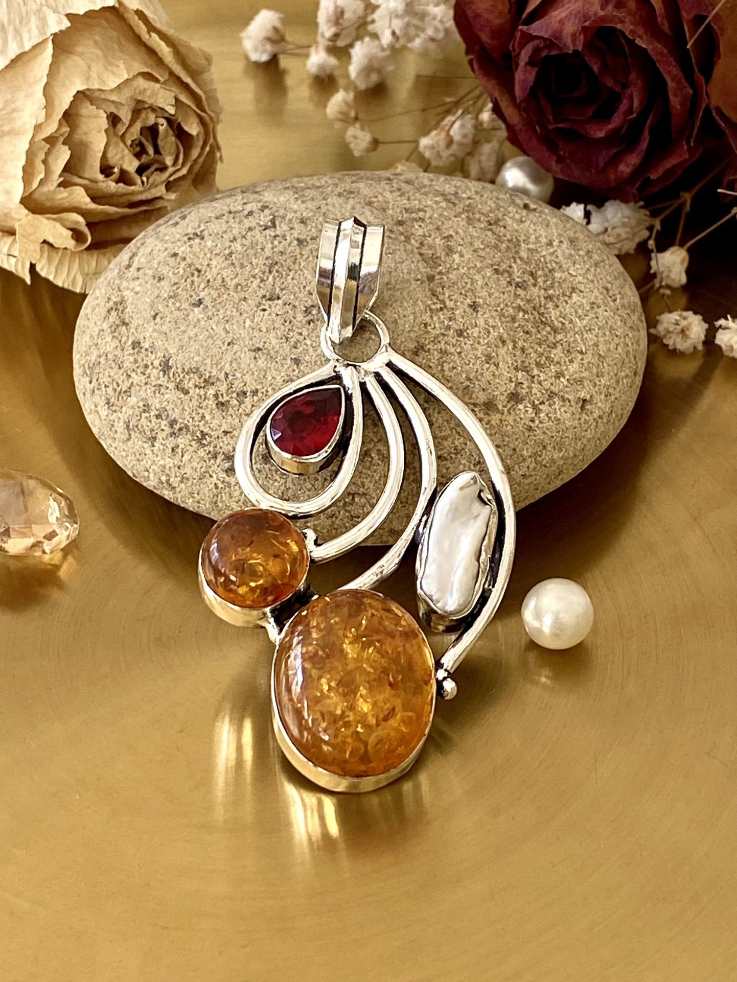 Baltic Amber, Biwa Pearl And Garnet 925 Sterling Silver Overlay Pendant