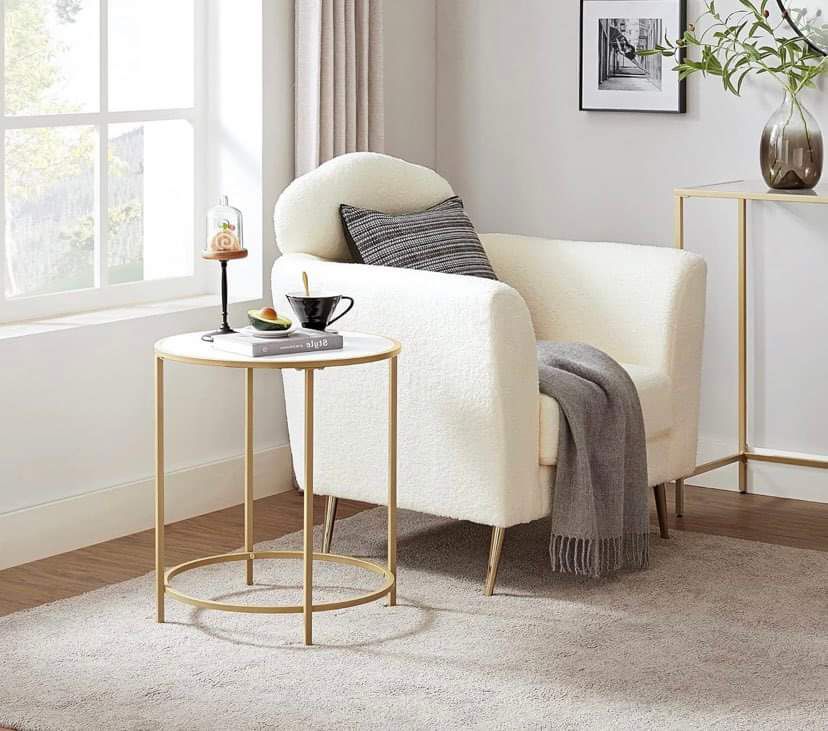 Round Side Table, End Table with Metal Frame, Small Coffee Accent Table, Nightstand, Bedside Table, Gold and White