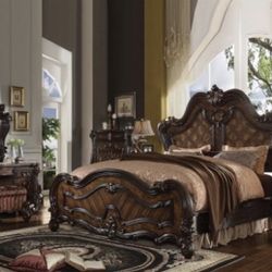 Brand New Cherry Oak Bed with Intricate Wood Carvings