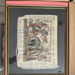 Vintage Egyptian Painted Papyrus Picture Framed 19.5” X 22.5”