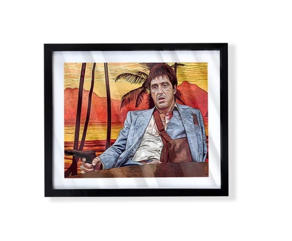 scarface tony montana custom art piece with palm trees wall paper on black frame