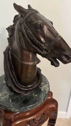 Bronze Horse Head Bust on Marble and Wood Pedestal