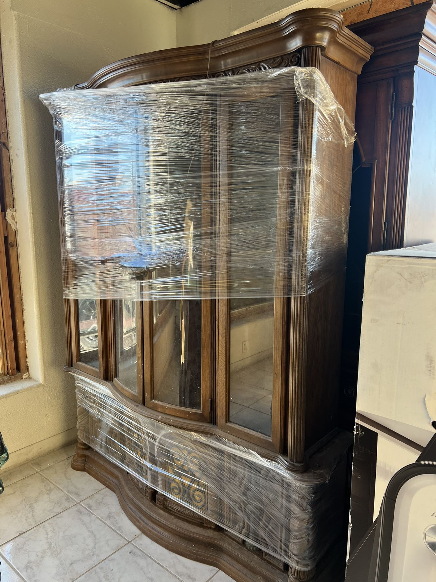 Vintage China Cabinet With Velvet Yellow On Doors Must See To Appreciate