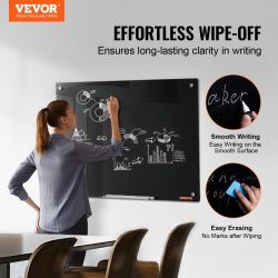 VEVOR Magnetic Glass Whiteboard, Dry Erase Board 36"x24", Wall-Mounted Large White Glassboard Frameless, with Marker Tray, an Eraser and 2 Markers, Bl