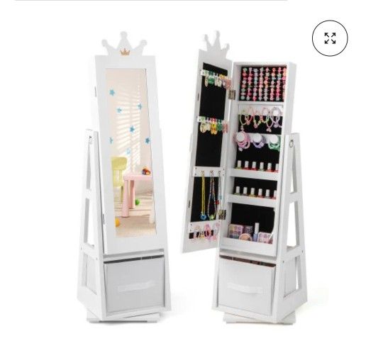 Kids Jewelry Armoire Cabinet with Large Storage Capacity and Swivel Base-White
