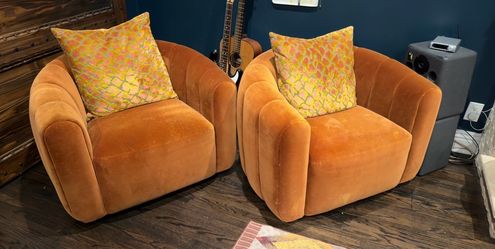 Pair of CB2 Fitz Russet Velvet Swivel Chairs – Orange