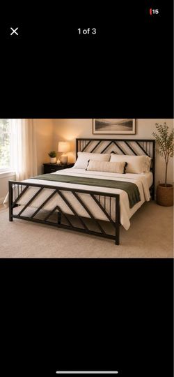 Full Size Metal Bed Frame – Geometric Design – Excellent Condition