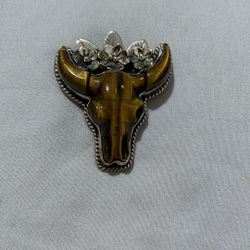Tibetan Tigers Eye Bull  Skull Pendant 