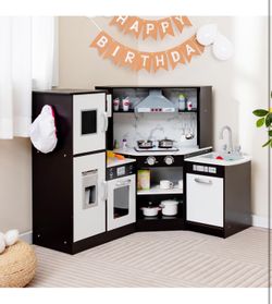 Corner Kids Kitchen Playset, Modular Wooden Play Kitchen for Toddlers, Range Hood, Separated Washing Basin, Little Chef Pretend Toy Kitchen Set w/Ligh