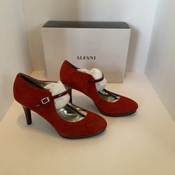 ALFANI NEW RED SUEDE HEELS W/BUCKLE STRAP SIZE 8.5