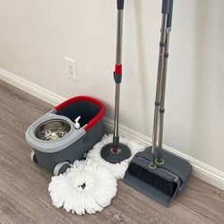 $35 New in box (Combo Set) Broom Dustpan & Spin Mop Wheels Extended Handle with 2pc Microfiber Mop Heads