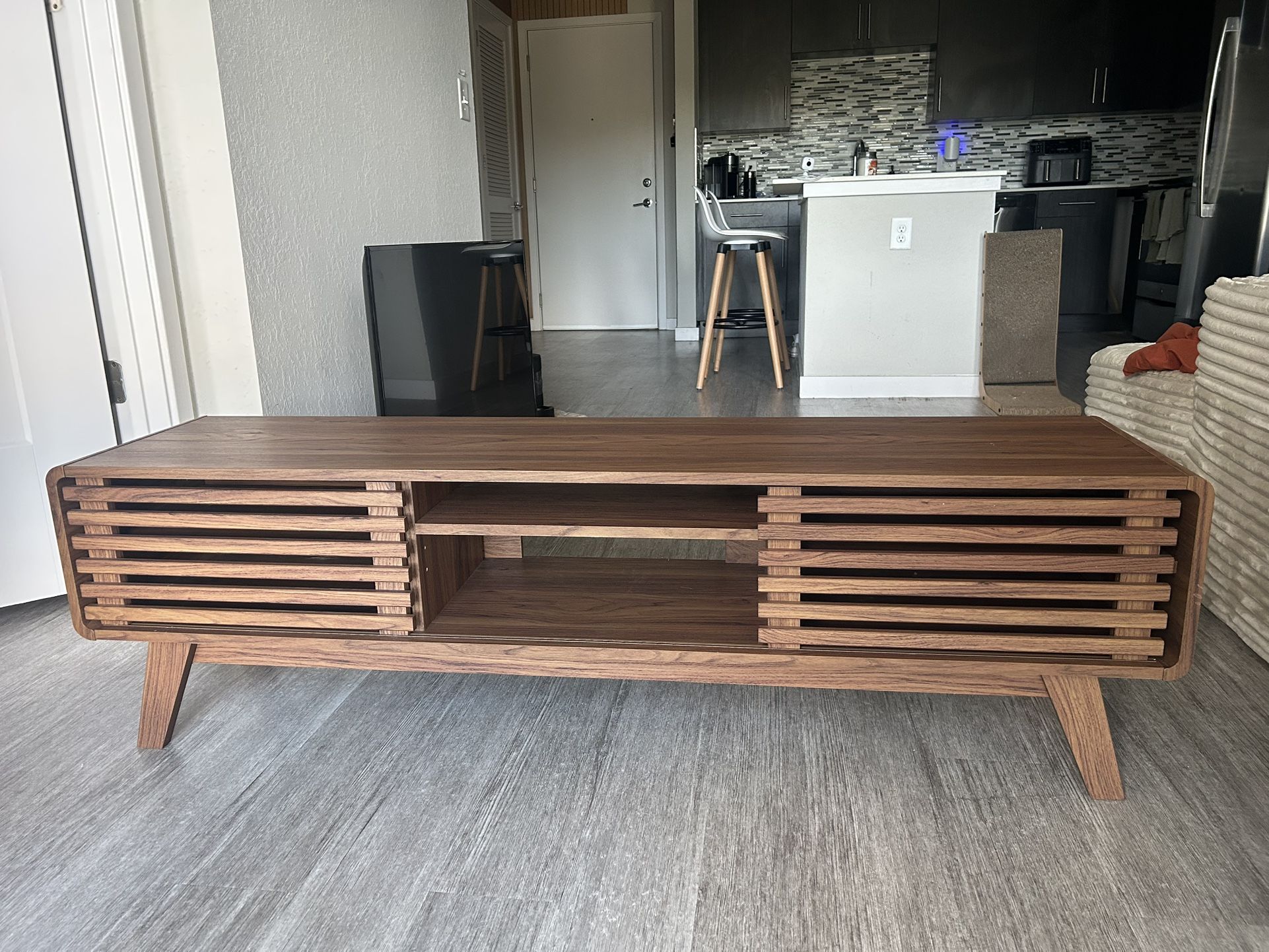 Mid-Century Modern TV Stand with Storage – Walnut Wood Finish ($90 Or OBO)