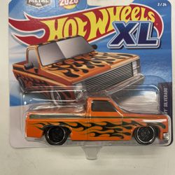 2026 Hot Wheels XL '83 Chevy Silverado Squarebody Orange W/ Flames 1:43 Scale