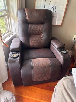 Brown Leather Power Recliner with Cup Holders