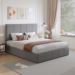 Amolife Queen Dutch Velvet Upholstered Platform Bed Frame with a Vertical-Channel-Tufted, Adjustable Headboard, Gray