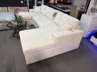 Cream Corduroy Sectional Sofa with double Chaise
