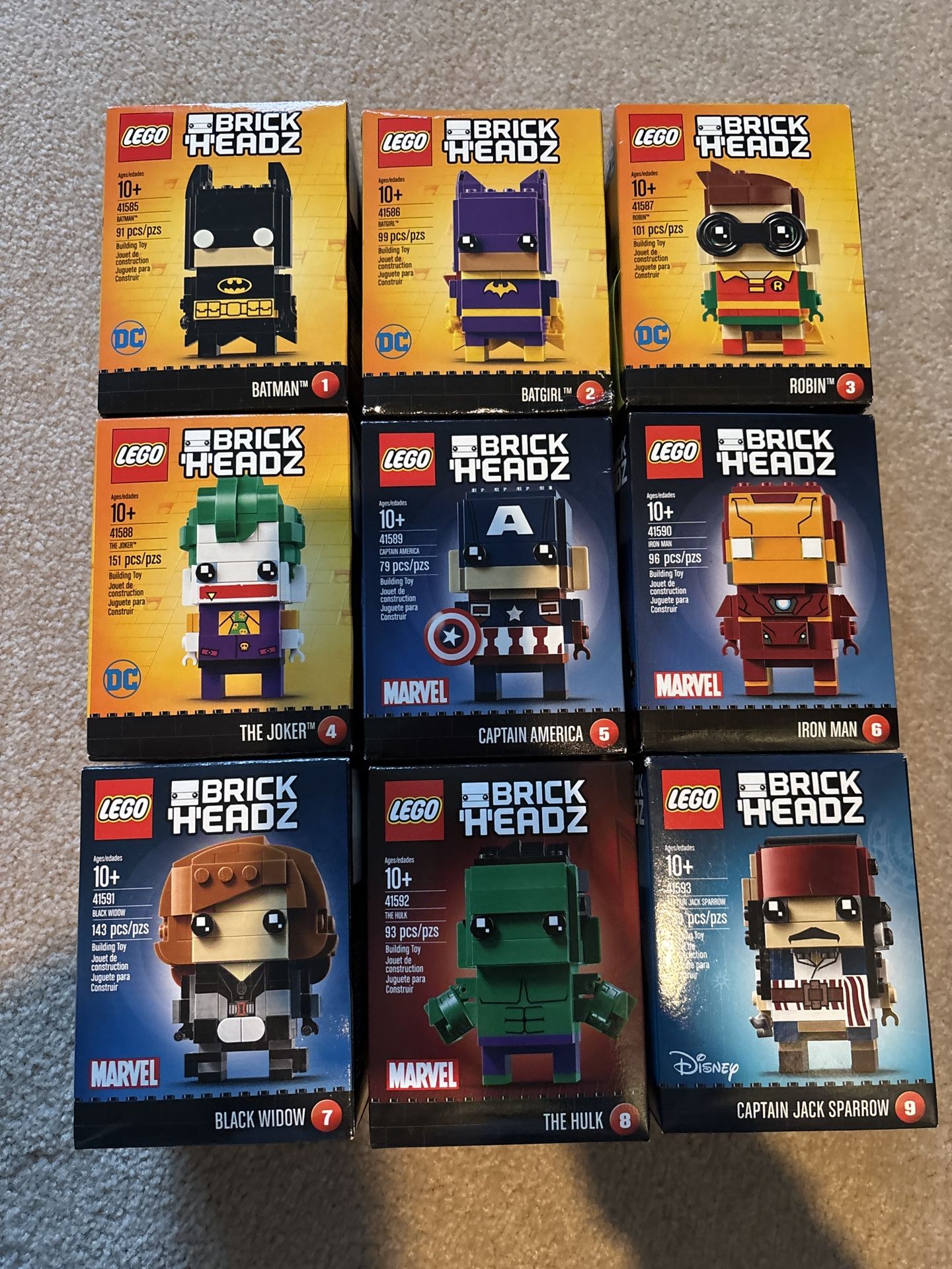 Lego BrickHeadz 1-9, Joker, Batman, Robin, Batgirl, Hulk, Iron Man, Black Widow, Captain America, Jack Sparrow