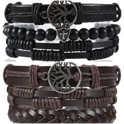 2 x Set Adjust. Size up to 9.5inc Leather Bracelet, Tree of Life (Black-Brown)