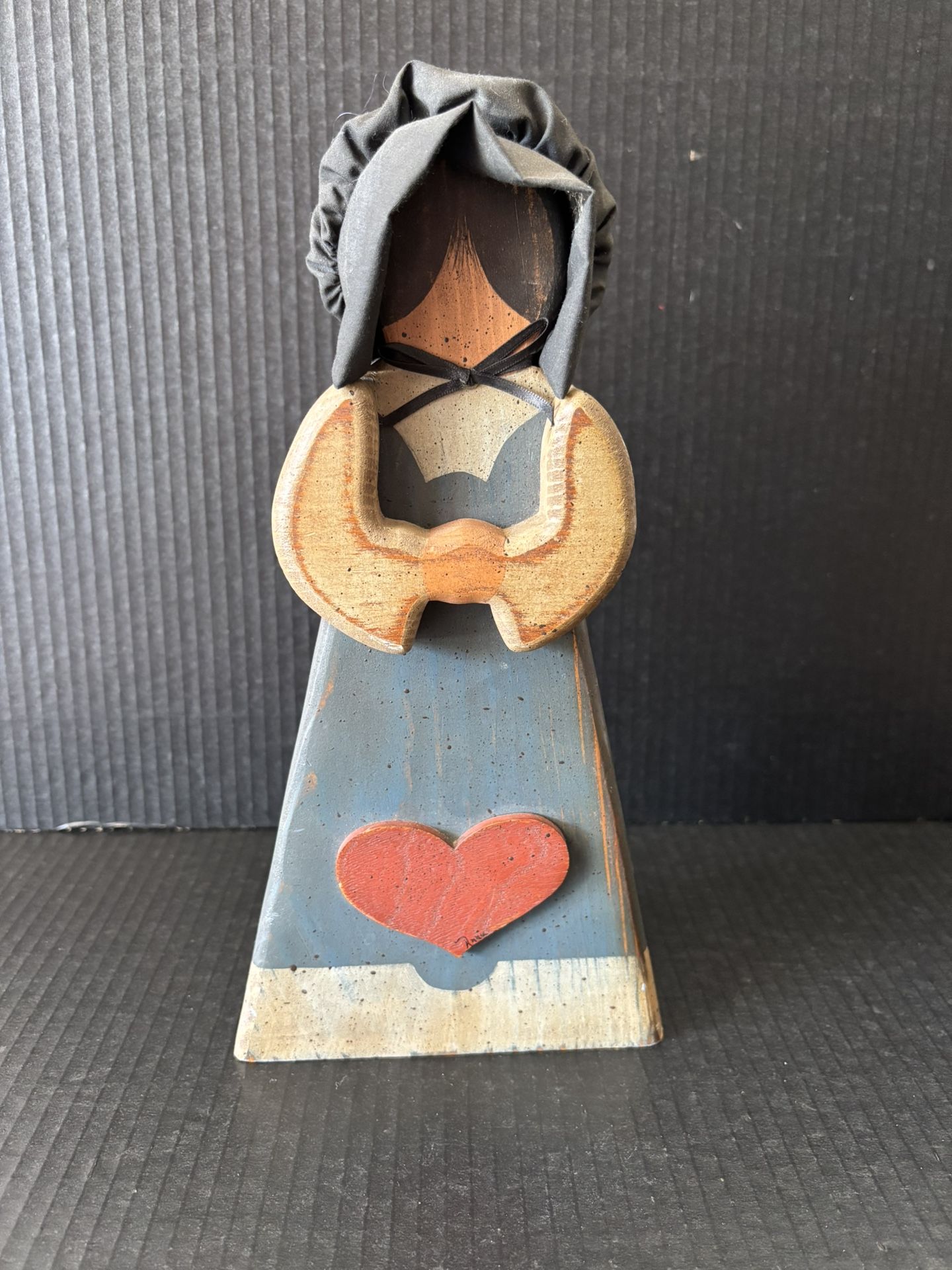 Vintage Wooden Pilgrim With Fabric Bonnet