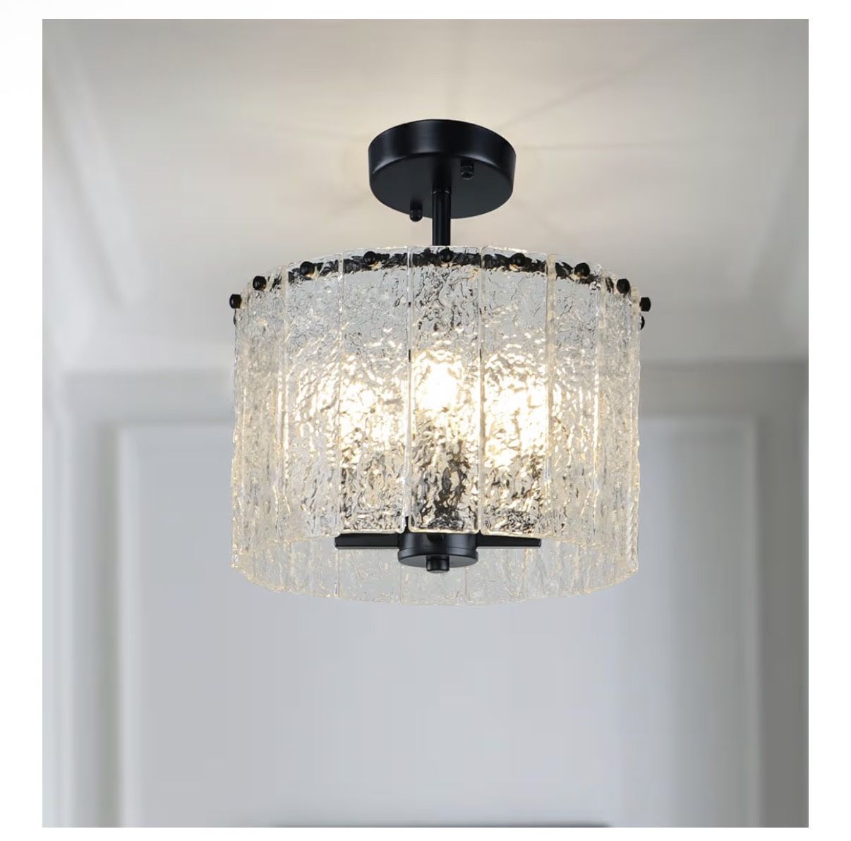 Cunfash 4-Light Black Water Ripple Glass Ceiling Light, 12.5”Modern Crystal Chandelier Dining Room, Semi Flush Mount Luxury Light Fixture for Bedroom,