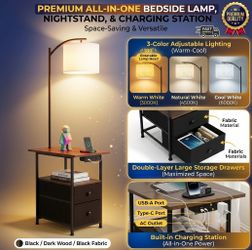 Floor Lamp Side Table with Charging Station USB AC Outlet 2 Drawers Nightstand⁠