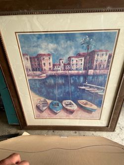Large Framed Mediterranean Harbor Art Print