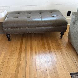 Pottery Barn Leather Ottoman Tufted Gray
