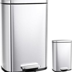  13.2+1.3 Gallon Step Trash Can, Stainless Steel Garbage Bin, Soft-Close Rubbish Bin with Removable Plastic Inner Bucket, Fingerprint-Proof, Lid Dustb
