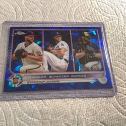 2022-23 Topps Chrome Sapphire Strikeout Leaders Wheeler, Scherzer And Burnes #127 