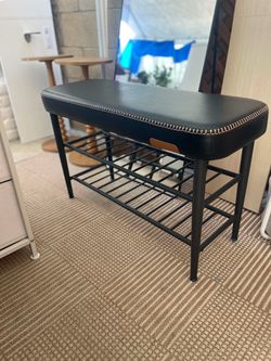 Black Faux Leather Entryway Bench with Shoe Rack