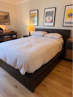 west elm queen platform bed + mattress (6 drawers) – $250 (priced to sell today)